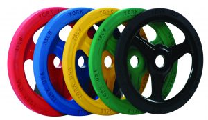160kg YORK USA Solid Colored Rubber Training Bumper Set (2 x 25, 20, 15, 10 kg.) #32004, pr. Spring Collars