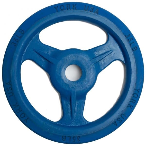 York Barbell “Bumper Grip” 35 Lb Cast Steel Composite Milled Plate – Blue