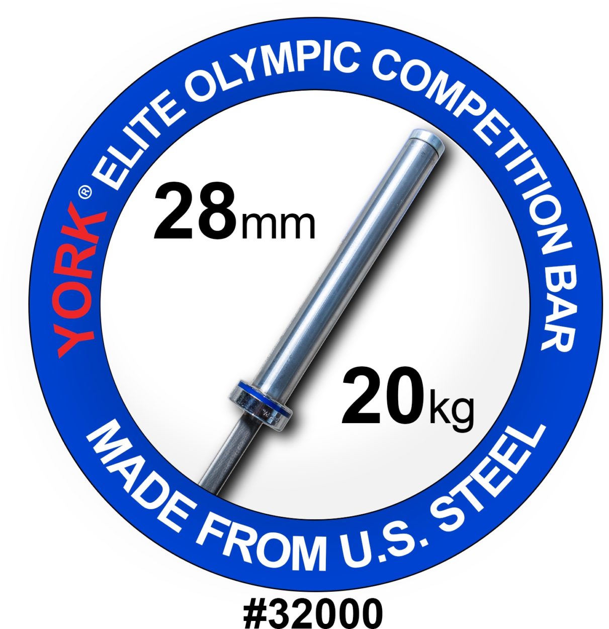 YORK Men's 20 kg "Elite" Competition Olympic Bar - 28 mm, Needle-bearing, Satin Chrome
